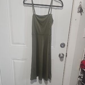 Olive Green Midi Slip Dress with Side Button Trim